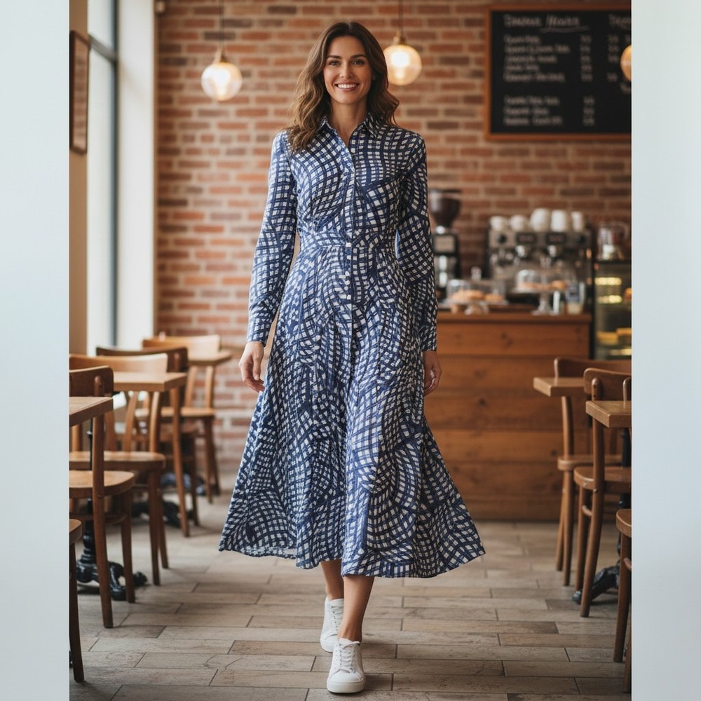 Tory Burch Printed Pleated Navy Warped Gingham Silk Twill Dress Size 2